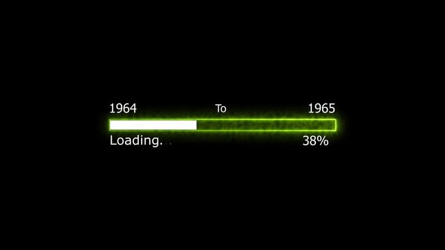 Loading 100 percent complete progress bar digital interface technology modern design white color animation. New year 19764 to 1965 loading animation. Neon bright rectangle frame black background.