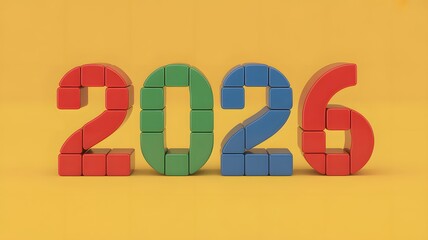 Colorful 3D Number 2026 Blocks – New Year Celebration, Creative Voxel Style Text, Merry Christmas Holiday Design, Vibrant Red Green Blue Digits, Seasonal Marketing Graphic & Festive Yellow Background