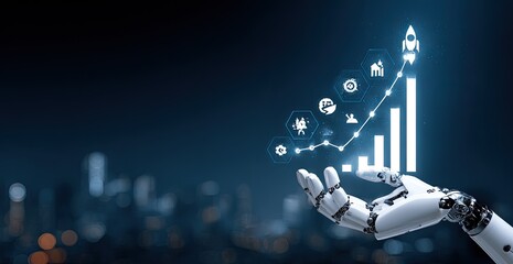 Futuristic robot hand displaying a glowing upward trend line with various business icons