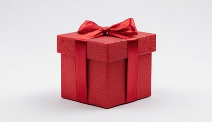 Obraz premium A square red gift box with a matching ribbon and bow, on a plain white background