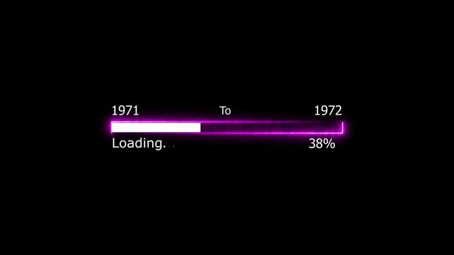 Loading 100 percent complete progress bar digital interface technology modern design white color animation. New year 19771 to 1972 loading animation. Neon bright rectangle frame black background.