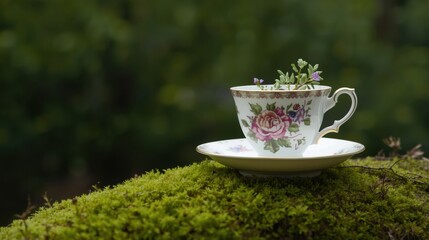 Teacup with flowers on mossy surface