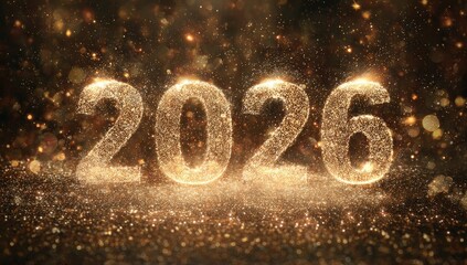 Sparkling golden particles form the year 2026, against a dark, glittery background