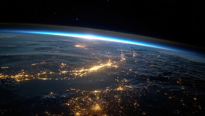 Orbital view of Earth showcasing city lights, atmosphere, and the sun's first rays