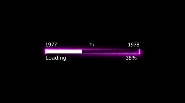 Loading 100 percent complete progress bar digital interface technology modern design white color animation. New year 19777 to 1978 loading animation. Neon bright rectangle frame black background.