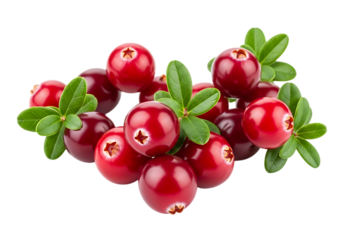 Fresh cranberries with green leaves on transparent background isolated on white