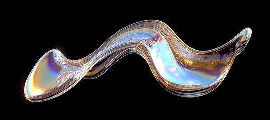 A flowing, iridescent abstract form with reflective surfaces against a deep black background