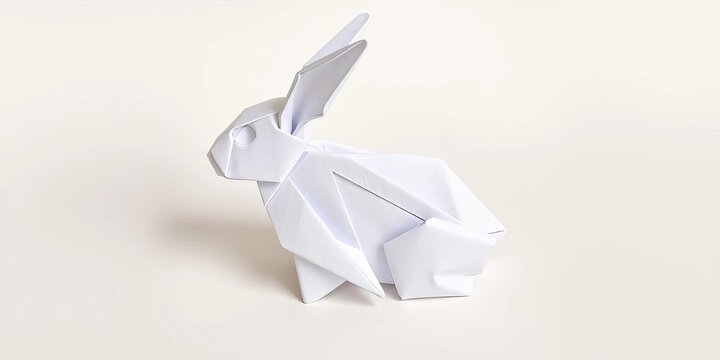 Folded origami rabbit, white paper, simple design, intricate details, craft, hobby,   close-up,  animal