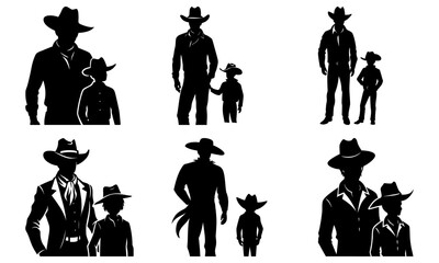 Silhouettes of cowboys and children wearing hats on transparent background western