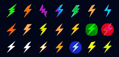 Set of stylized lightning bolt icons, various designs and angles,  sharp,  energy