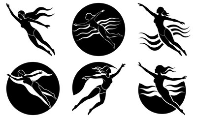 Diving Women Silhouettes with Water Waves on Transparent Background
