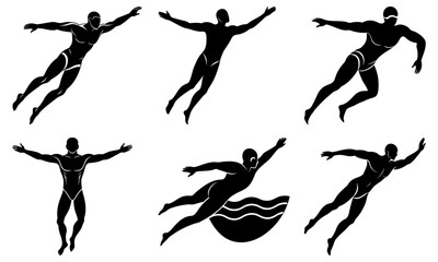 Five Silhouettes of Divers Jumping into Water with Transparent Background diving