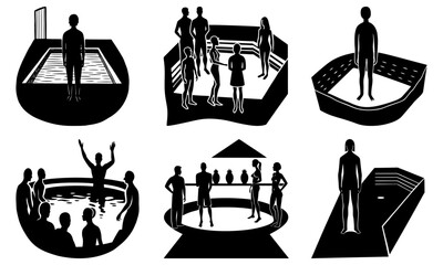 Group of People Standing on Different Platforms in Silhouette Style white background