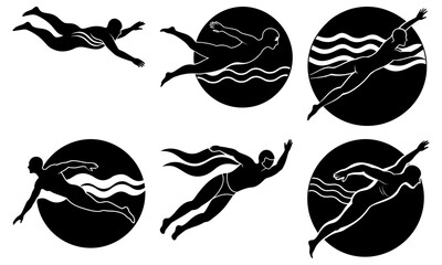 Swimmer Silhouettes in Various Swimming Strokes with Water Waves on White Background freestyle backstroke