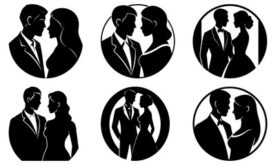 Couple Silhouettes in Formal Attire on White Background black and white