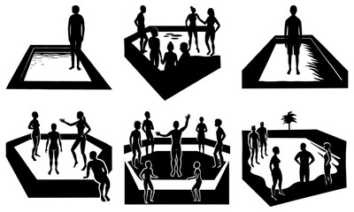 Group of People Silhouettes in Various Pool and Water Scenes on White Background