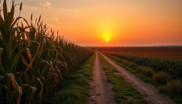Golden sunset paints cornfield and dirt road to horizon,  atmospheric,  golden light