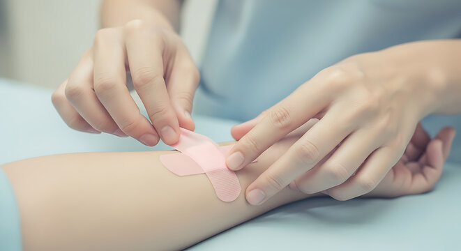 Application of a bandage on a wrist by a person with fair skin in a medical setting or at home use - Powered by Adobe