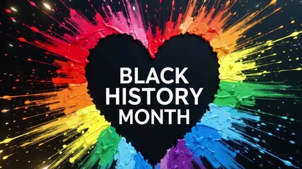 "Black History Month Typography Inside Black Heart Shape with Vibrant Rainbow Paint Splash Explosion"