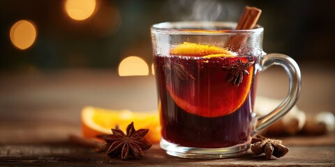 A clear glass mug filled with hot, spiced beverage, with orange slices and cinnamon