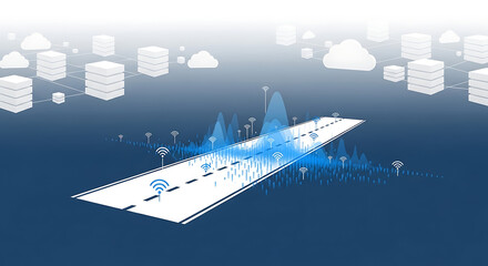 A white road with wifi signals and data storage cubes in a blue gradient background illustration