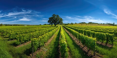 Fototapeta premium Panoramic view of a lush vineyard with rows of grapevines under a vibrant blue sky