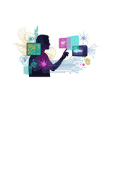 Prompt Playground Silhouette of Person Using AI Technology with Retro Computing Nostalgia and Future Tech Creativity Concept Vector