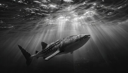 Large grayscale whale shark gracefully swimming beneath sunlit water surface, showcasing dappled light