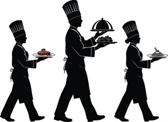 Silhouettes of chefs carrying delicious food on trays
