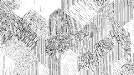 Obraz premium Black and white abstract geometric pattern with hatched cubes and lines