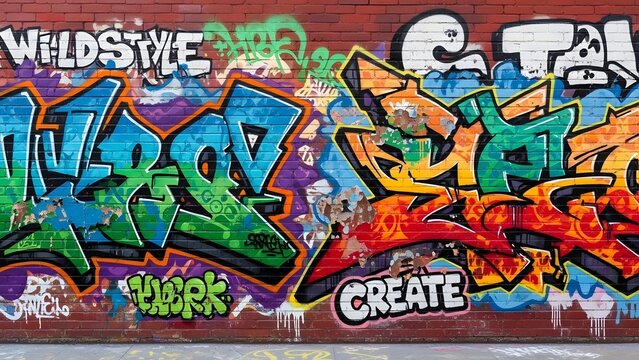 Vibrant urban graffiti wall art with colorful wildstyle lettering and spray paint on a brick background.