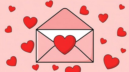 Pink envelope with red hearts on pink background