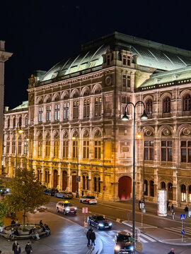 Vienna State Opera (Wiener Staatsoper) building from the gallery viewpoint at night, historic opera house and opera company in Vienna, Austria