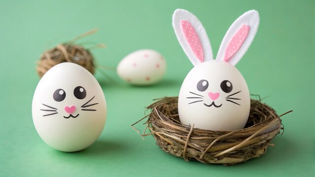 Easter eggs with bunny faces on green background, one in nest with pink ears