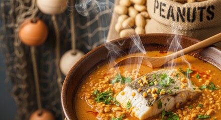 Creamy Ivorian Sauce d’Arachide au Poisson - Peanut Fish Stew in Ceramic Bowl with Fishing Net and Left Copy Space