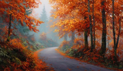 Fototapeta premium Winding road through forest ablaze with fiery red and orange autumnal foliage