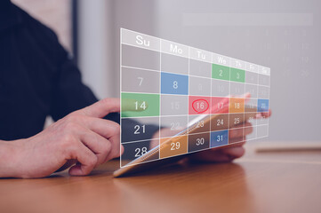Businessman working on calendar meeting schedule marking note target date appointing reminder appointment and organizer agenda time. manage time effective work and schedule activity