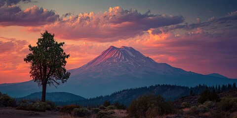 Majestic mountain silhouetted by vibrant sunset hues, a lone tree in foreground