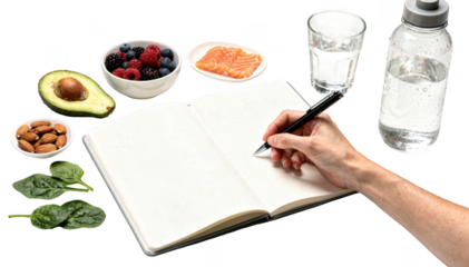 Persons hand writing in a wellness journal with a pen beside healthy foods and water emphasizing lifestyle habits for maintaining a healthy scalp on white surface.