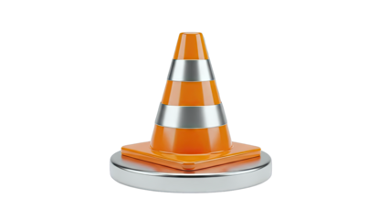 Orange Traffic Cone with Silver Stripes on a Metallic Base