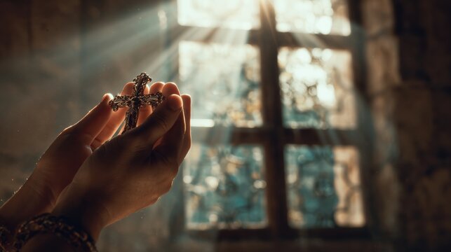 Hands hold a silver cross in a dimly lit room with sunlight shining through a stained glass window in the background
