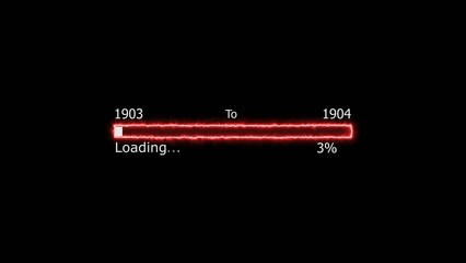 Loading 100 percent complete progress bar digital interface technology modern design white color 4k illustration. New year 1903 to 1904 loading. Neon bright rectangle frame black background.