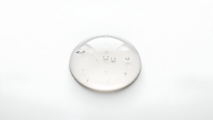 Translucent globule of serum or clear gel with tiny bubbles on a white surface representing purity