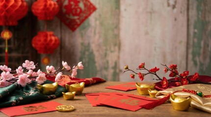 Celebrating lunar new year festive decorations table settings cultural elements traditional symbols warm atmosphere close-up view chinese cultural heritage