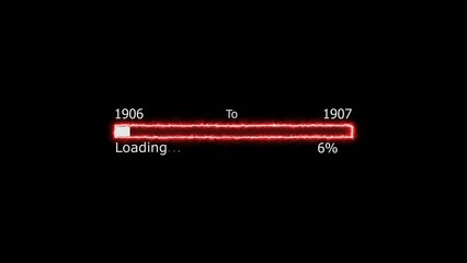 Loading 100 percent complete progress bar digital interface technology modern design white color 4k illustration. New year 1906 to 1907 loading. Neon bright rectangle frame black background.