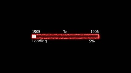 Loading 100 percent complete progress bar digital interface technology modern design white color 4k illustration. New year 1905 to 1906 loading. Neon bright rectangle frame black background.