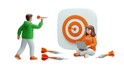 People Aiming for Target with Darts and Laptop