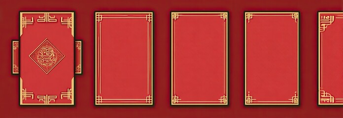 A row of red cards with gold trim and traditional Asian design, perfect for invitations or crafts