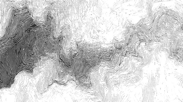 Topographic contour lines map showing mountain terrain and elevation changes in black and white topography
