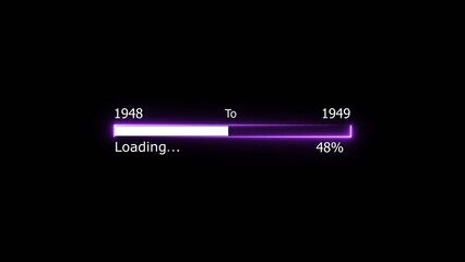 Loading 100 percent complete progress bar digital interface technology modern design white color 4k illustration. New year 1948 to 1949 loading. Neon bright rectangle frame black background.